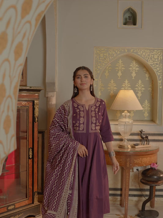 Embroidered Linen Cotton Solid Anarkali Purple Kurta