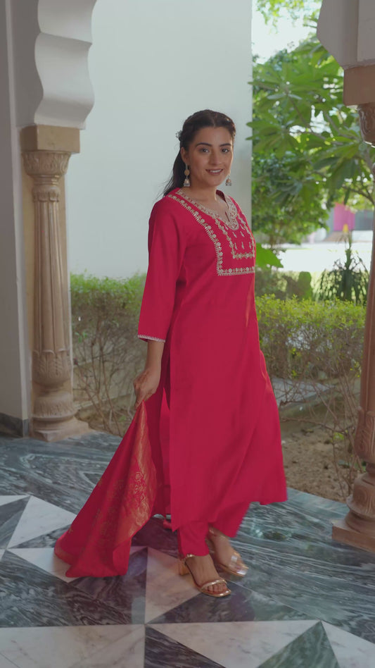 Embroidered Chanderi Solid Red Kurta