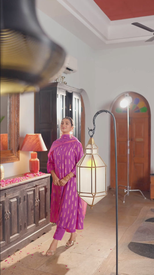 Viscose Gold foil A-line Pink Kurta