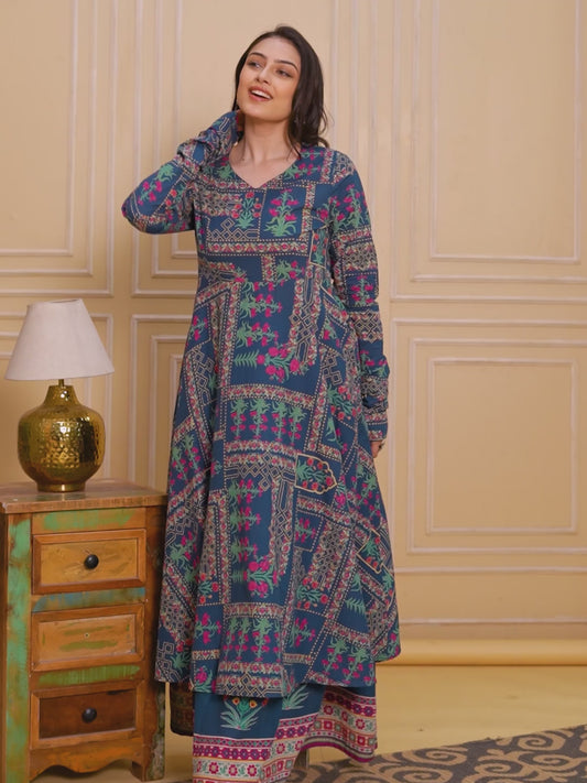 Soft Cotton Floral Anarkali Blue Kurta