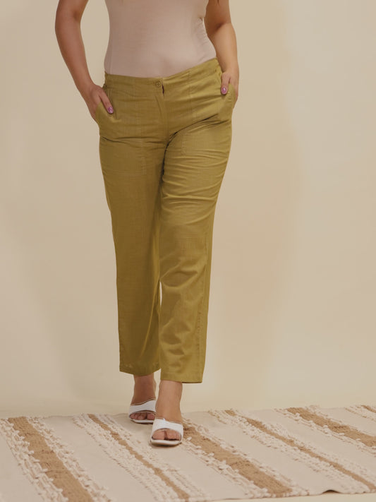 Natural Cotton Solid Green Tapered Trousers