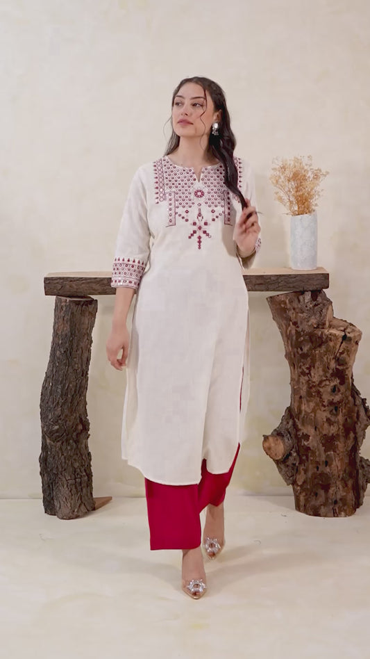Embroidered Slub cotton Solid Straight Off White Kurta