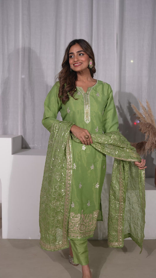 Embroidered Tissue Solid Straight Light Green Kurta