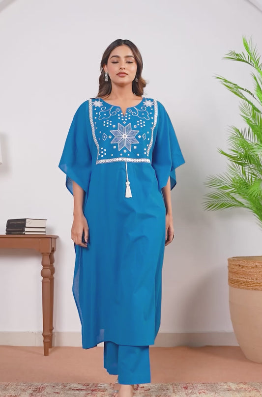 Embroidered Soft Cotton Solid Kaftan Blue Kurta