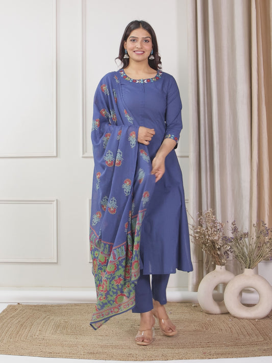 Soft Cotton Solid Flared Indigo blue Kurta
