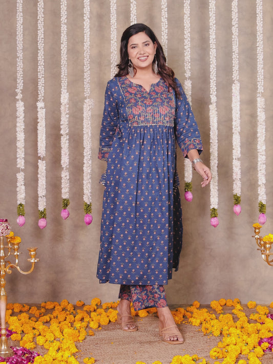 Embroidered Soft Cotton Block A-line Blue Kurta