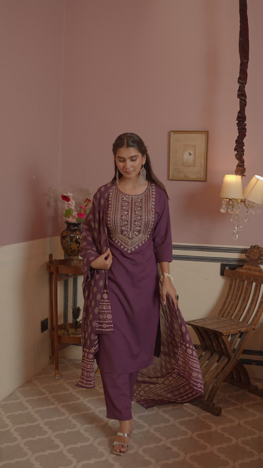 Embroidered Linen Cotton Solid Straight Purple Kurta