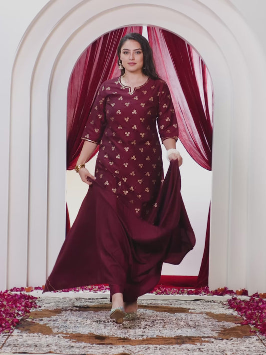 Embroidered Roman silk Gold foil Straight Maroon Kurta