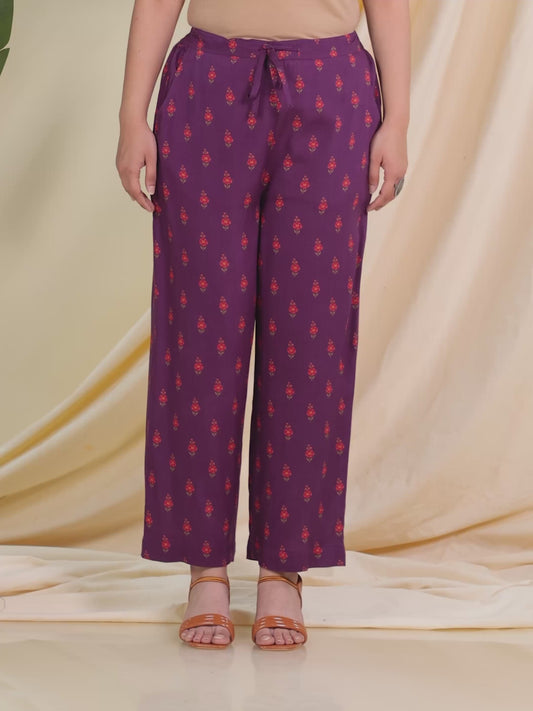 Viscose Floral Purple Straight Trousers