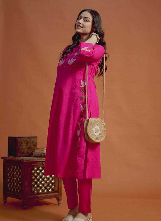 Embroidered Soft Cotton Solid Straight Pink Kurta