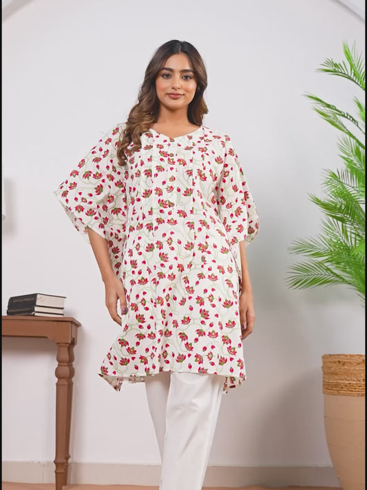 Soft Cotton Floral Kaftan White Kurta