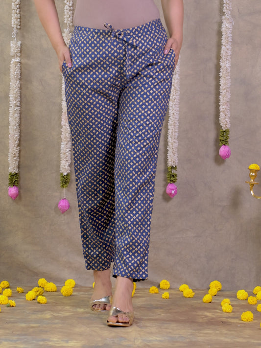 Viscose Gold foil Blue Tapered Tapered Trousers