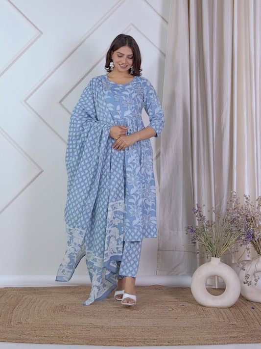 Embroidered Soft Cotton Floral A-line Blue Kurta