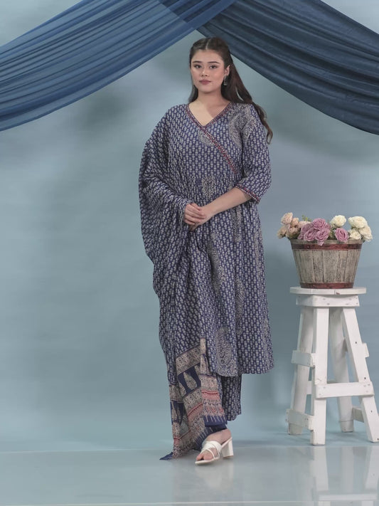 Embroidered Kantha Cotton Paisley Angrakha Blue Kurta