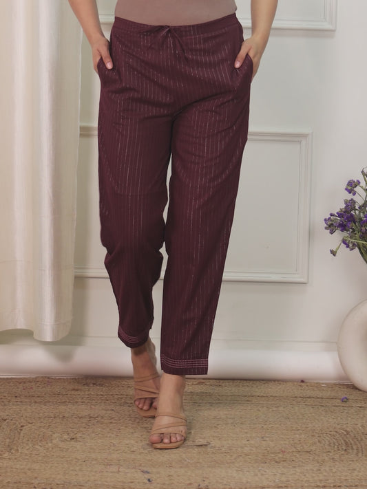 Embroidered Lurex Cotton Solid Brown Tapered Trousers