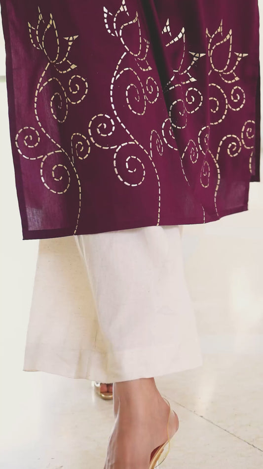 Blended Silk Placement Print Straight Wine Kurta