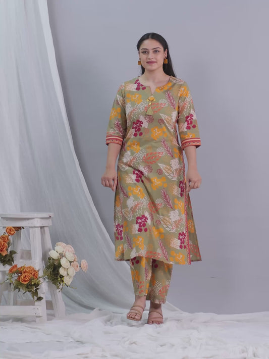Soft Cotton Floral Straight Olive Kurta