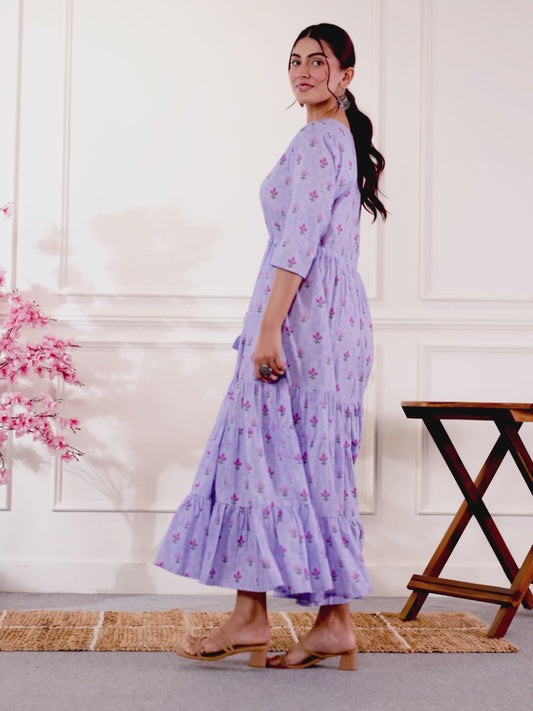 Soft Cotton Floral Anarkali Violet Dress