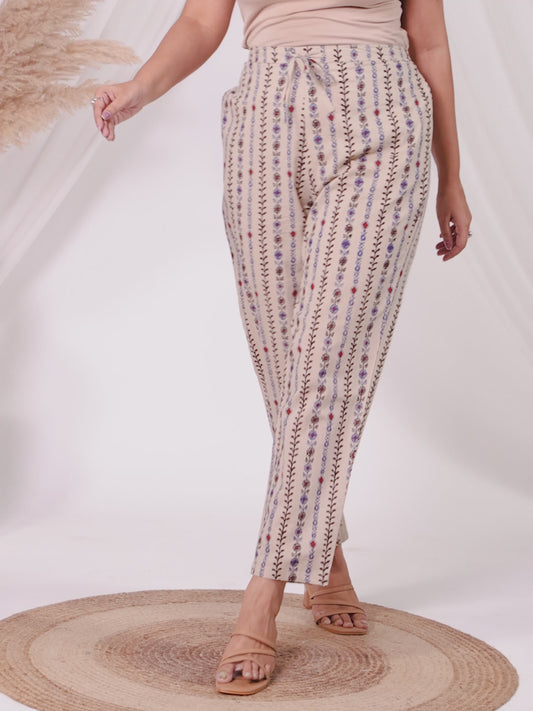 Soft Cotton Striped Beige Tapered Trousers