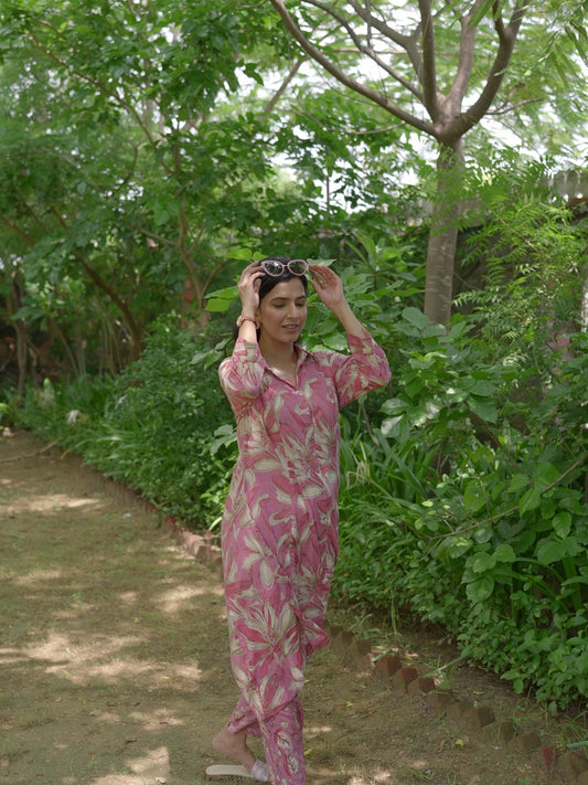 Soft Cotton Floral High Low Pink Kurta