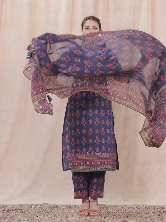 Soft Cotton Floral Straight Blue Kurta
