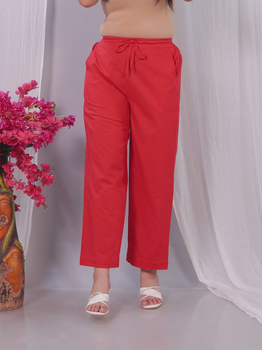 Soft Cotton Solid Rust Straight Trousers