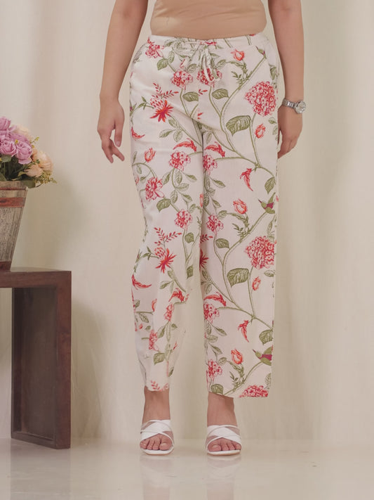 Linen Cotton Floral Off White Straight Trousers