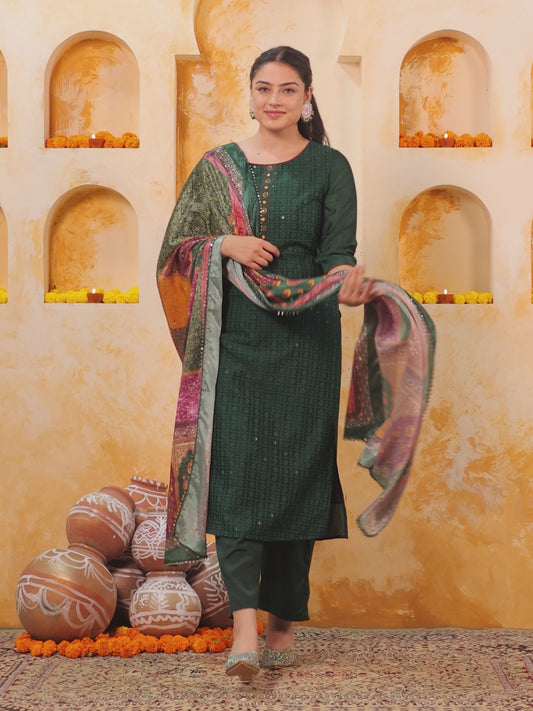 Embroidered Self Design Chanderi Solid Straight Green Kurta