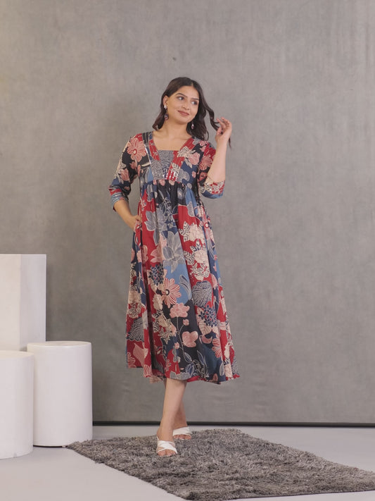 Embroidered Soft Cotton Floral Anarkali Mutlicolour Dress