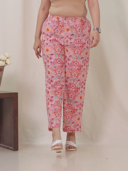 Soft Cotton Geometric Peach Straight Trousers