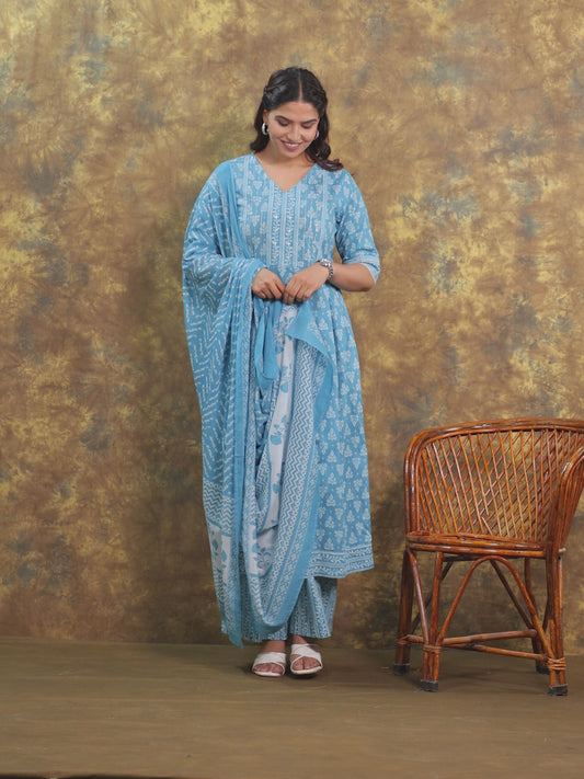 Embroidered Soft Cotton Block A-line Blue Kurta