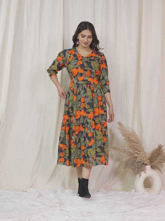Soft Cotton Foliage Gathered Green Dress