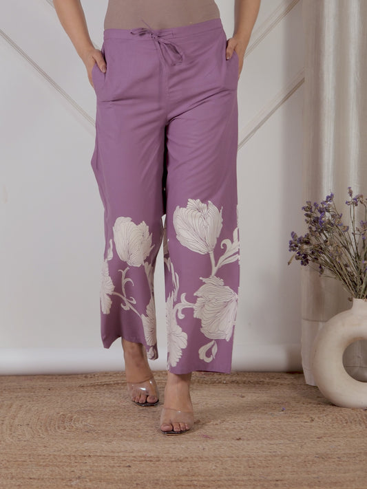 Soft Cotton Placement Print Purple Palazzo