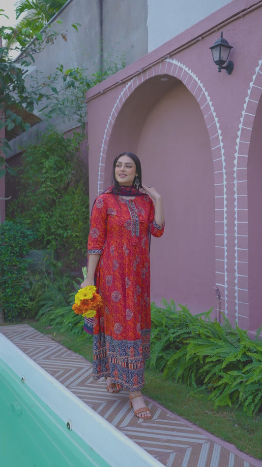 Soft Cotton Floral Flared Orange Kurta