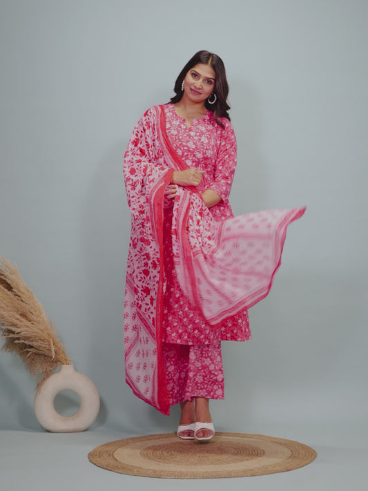 Kantha Cotton Floral Flared Pink Kurta