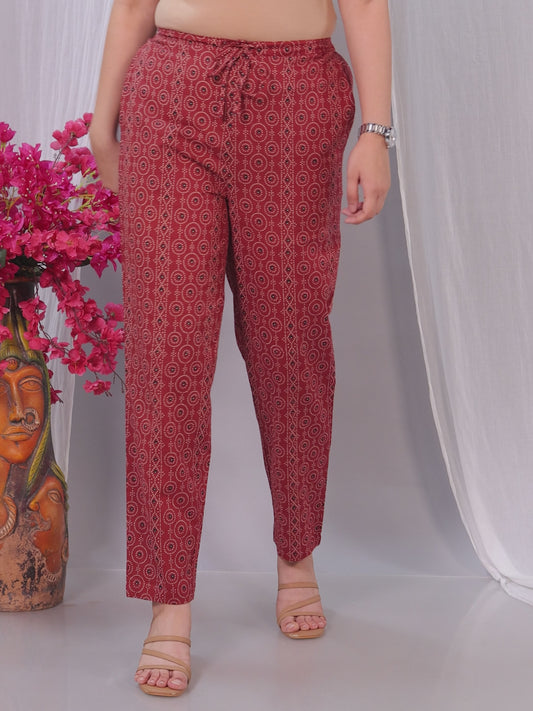 Soft Cotton Geometric Red Tapered Trousers