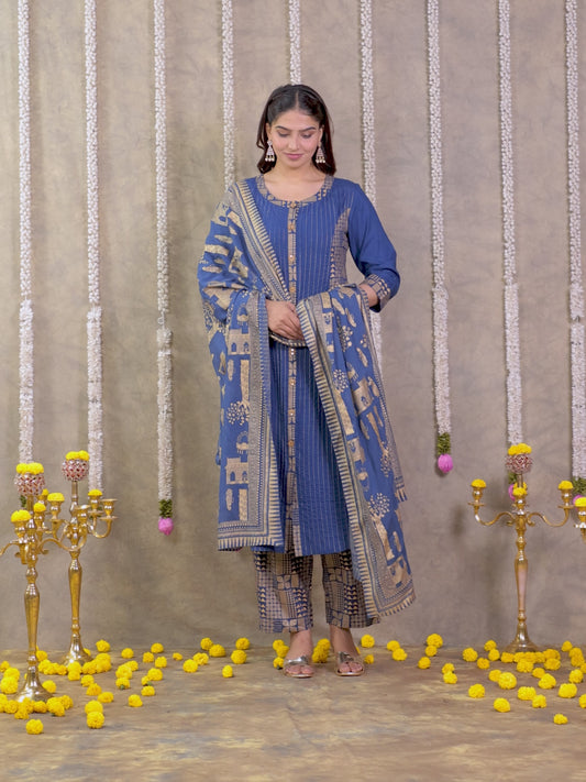 Viscose Gold foil Flared Blue Kurta
