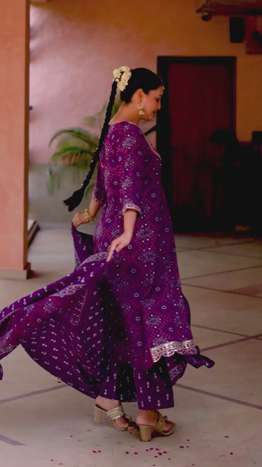 Embroidered Soft Cotton Bandhani Anarkali Purple Kurta