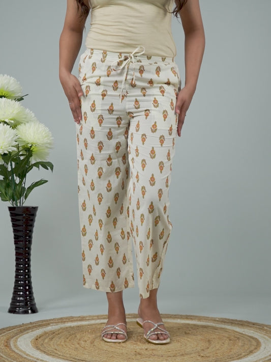 Soft Cotton Floral Cream Straight Trousers