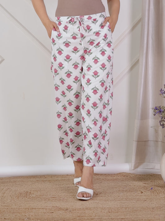 Soft Cotton Floral White Straight Trousers
