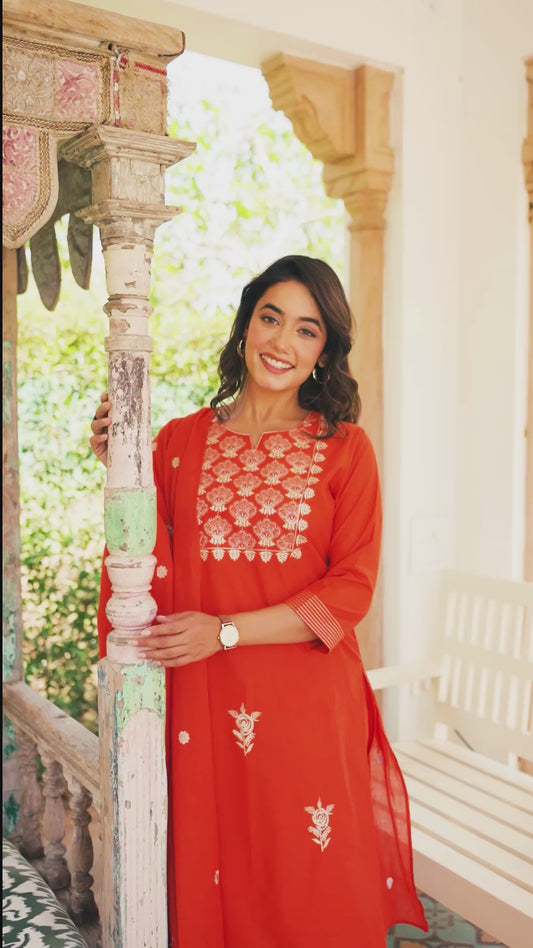 Embroidered Soft cotton Solid Straight Rust Orange Kurta