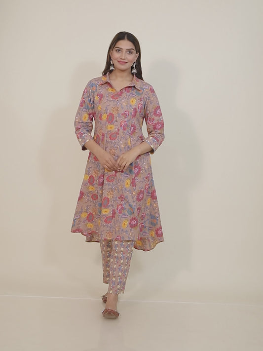 Embroidered Soft Cotton Floral High Low Brown Kurta