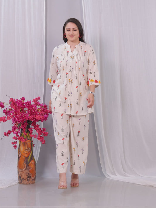 Linen Cotton Floral Straight Off White Kurta