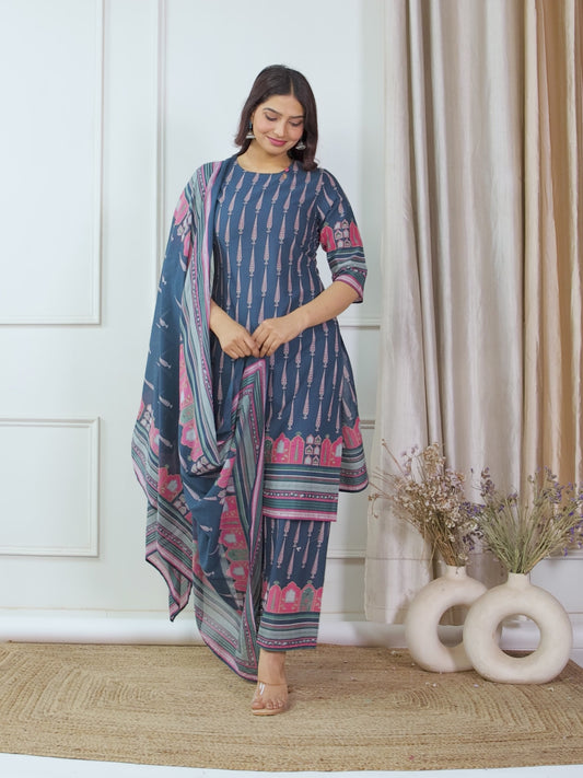 Soft Cotton Placement Print Straight Blue Kurta