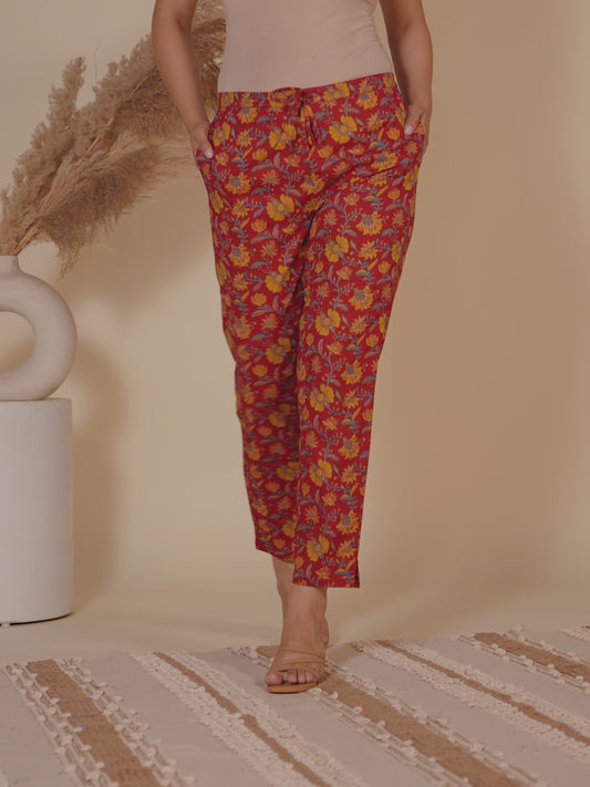 Soft Cotton Floral Red Tapered Trousers