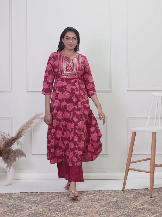 Embroidered Soft Cotton Floral Anarkali Maroon Kurta