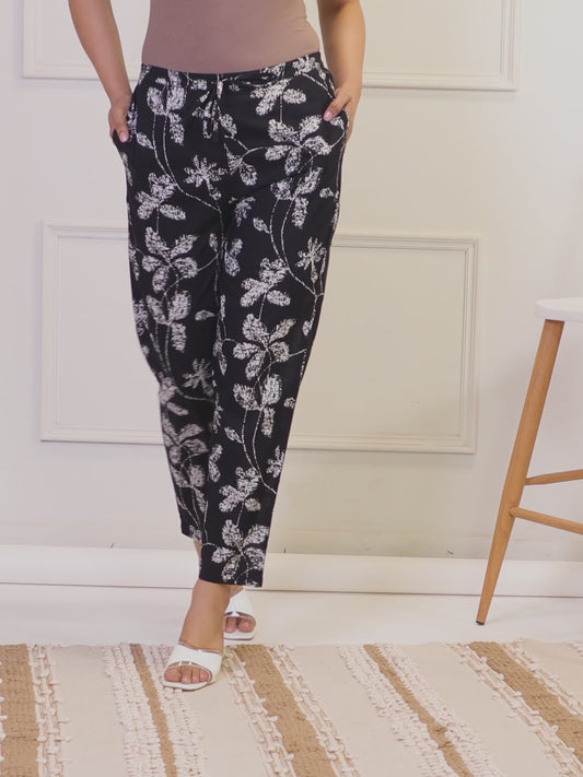 Soft Cotton Floral Black Tapered Trousers