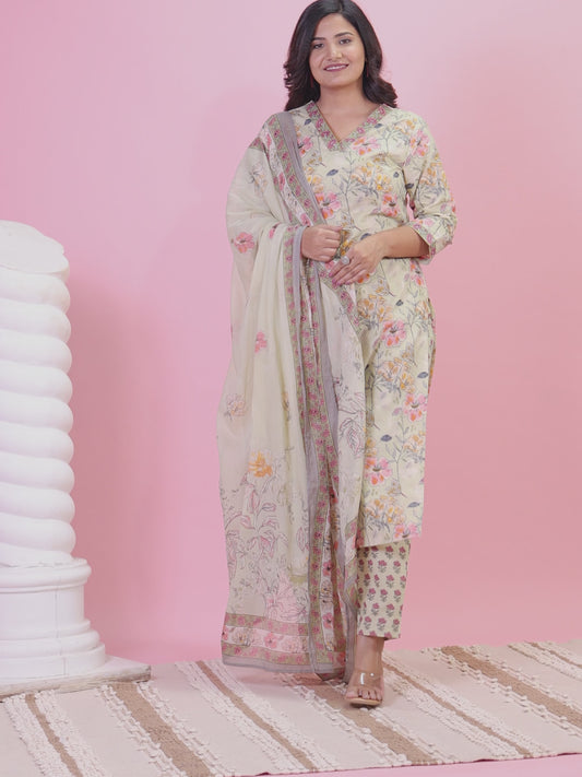 Soft Cotton Floral Straight Green Kurta