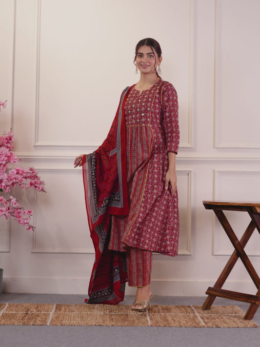 Embroidered Soft Cotton Geometric Panelled Red