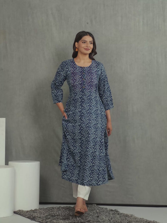 Embroidered Soft Cotton Block Print Flared Indigo Kurta